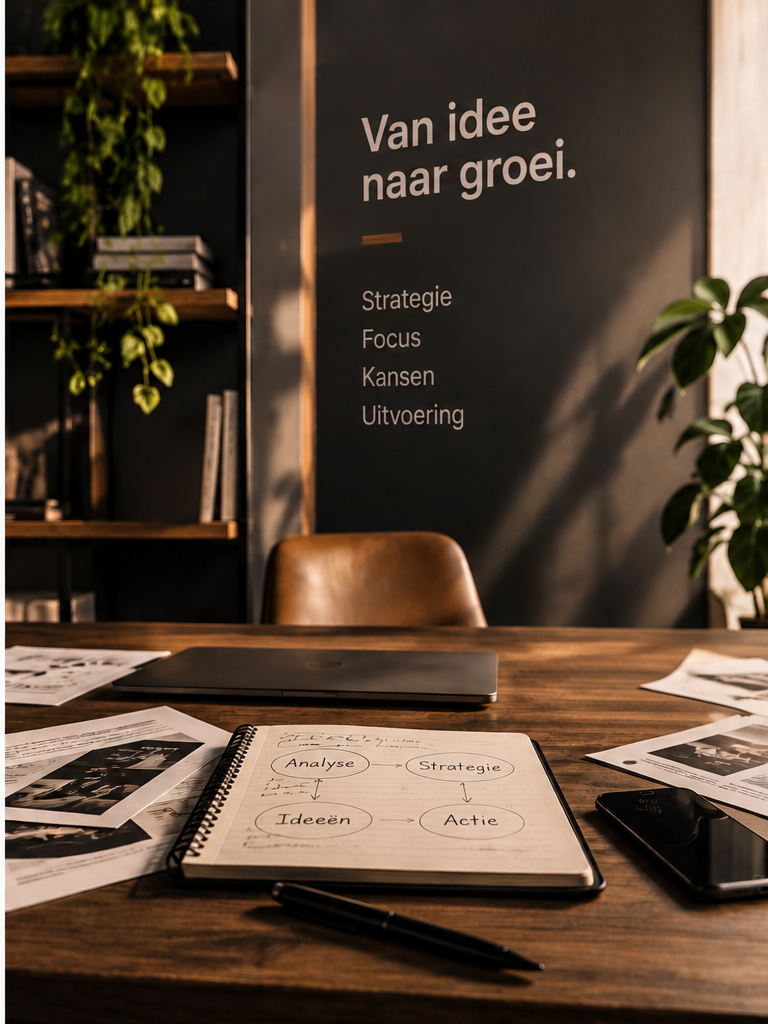 Bureau met een notitieblok waarop analyse, strategie, ideeen en actie in een schema staan